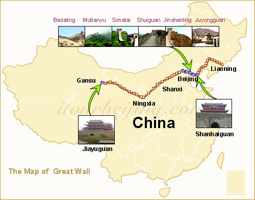 china wall map. Map of the Great Wall in China